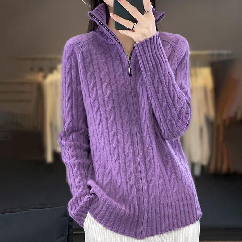Autumn Winter Women's Stand Collar Cardigan Sweater Zipper Cable Knit Sweater Loose Solid Color Knitted Cardigan Jacket Outerwear