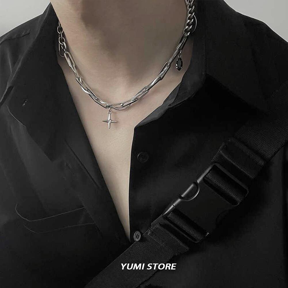 Unisex Punk Hop Hip Cross Star Pendant Necklace Titanium Steel Clavicle Chain Luxury Choker for Man Woman