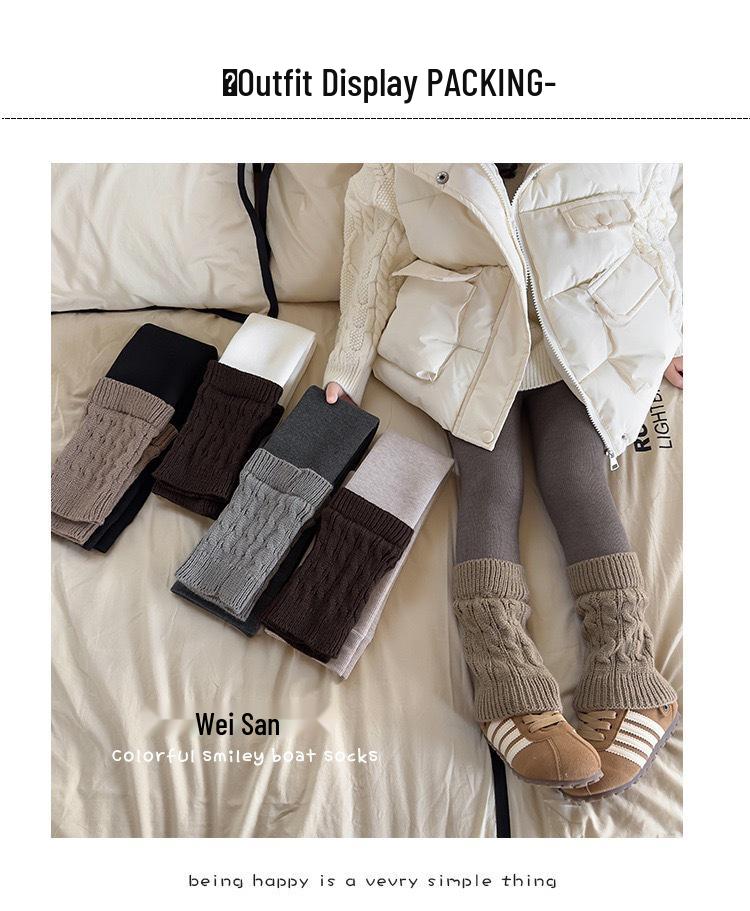 Trendy Girls' Fleece-Lined Cable Knit Patchwork Leg Warmers - Thick Lambswool Vertical Stripe Warm Pants