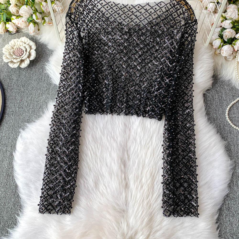 Iny Sequin Long Sve Round Ne Ort T-irt Women's Slim Fit Sli Korean Sle Commute Pure Color Summer Top