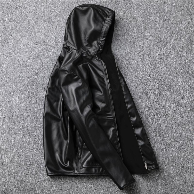 Genuine Leather Jacket Men's Sheepskin Leather Jacket Cotton Thickened Warm Lining Hooded Casual Jacket