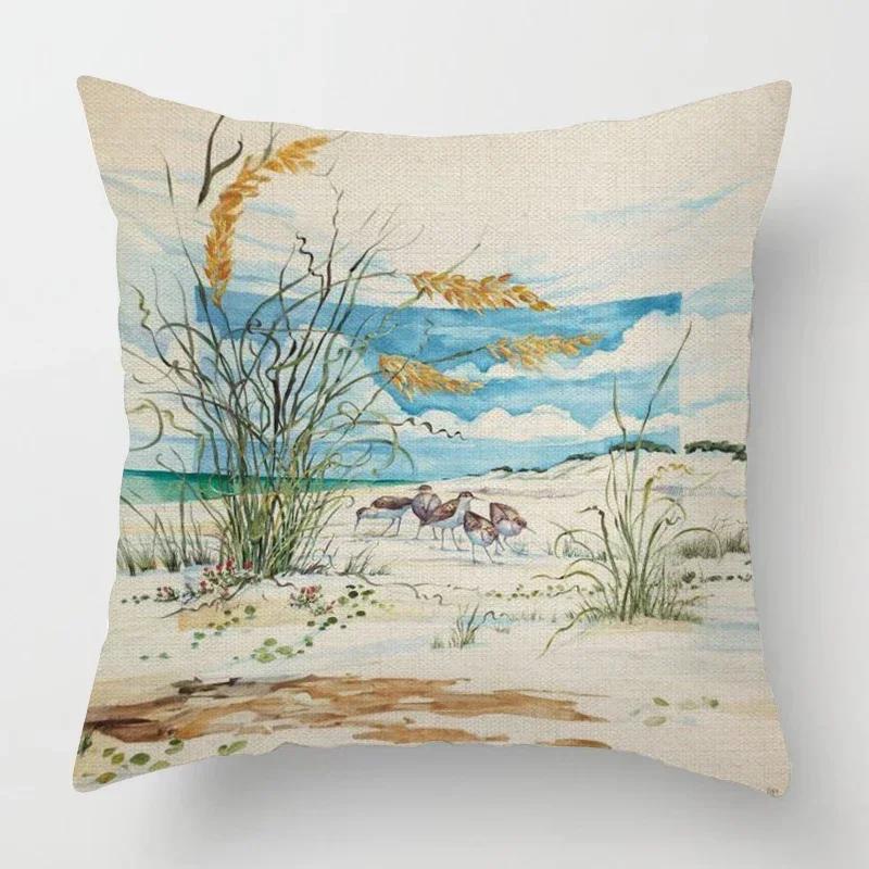 Beach landscape pattern throw pillow cover with short plush print for living room sofa decoration cushion cover pillow covers