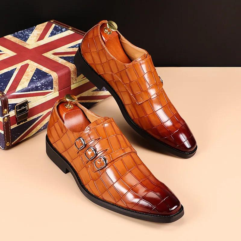 Men'S Casual Business Leather Shoes Men Classic Retro Monk Shoe Dress Office Mens Slip-On Outdoor Wedding Party Flats New