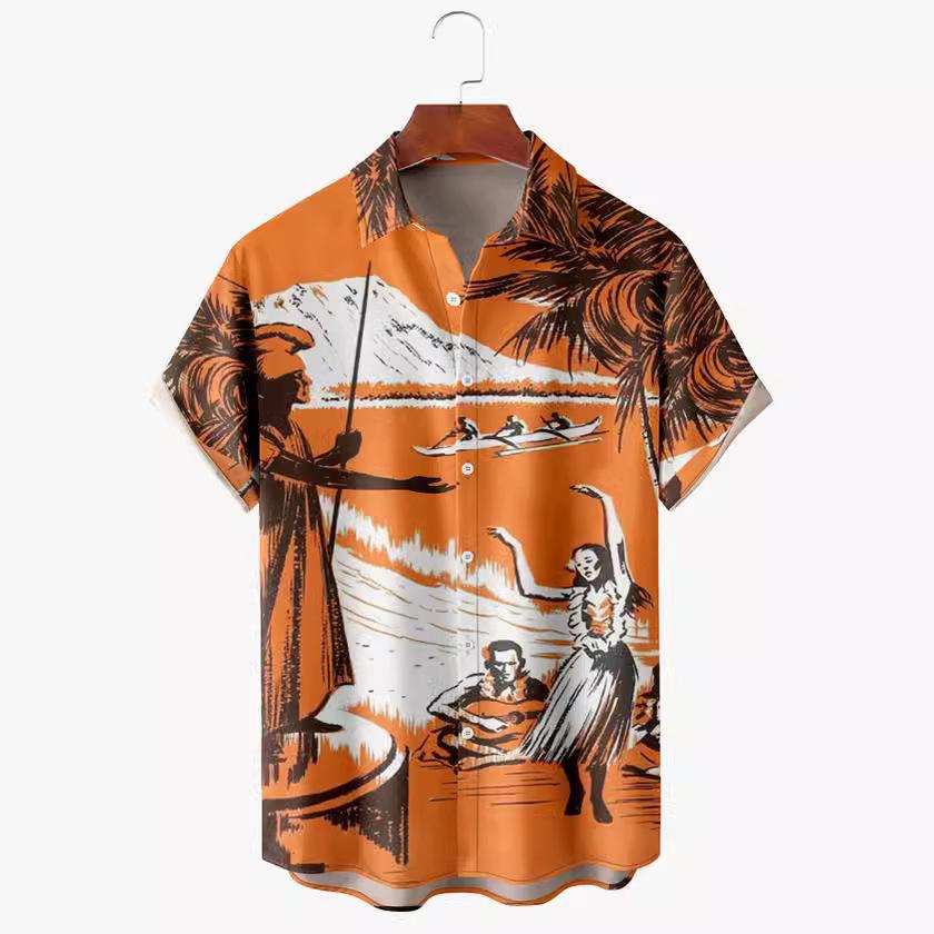 Summer Essential! Hawaiian Short Sleeve Shirt with Tropical Beach Landscape Print