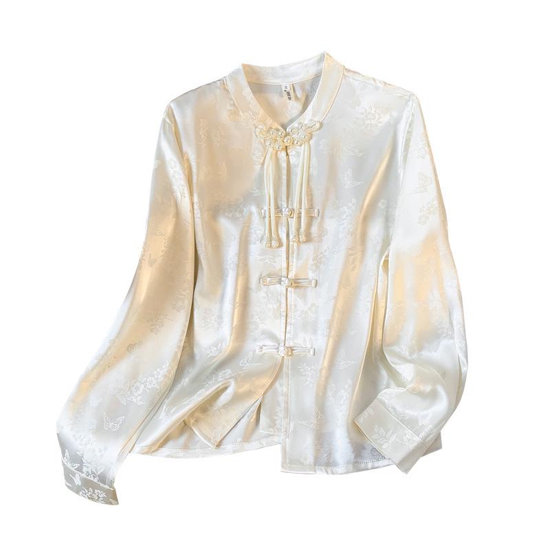 Elegant Retro Frog Button Jacquard Shirt - New Chinese Style Women's Fashion