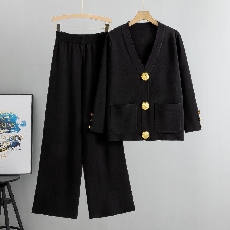 European Style Women's Autumn/Winter Knit Cardigan & Wide-Leg Pants Set