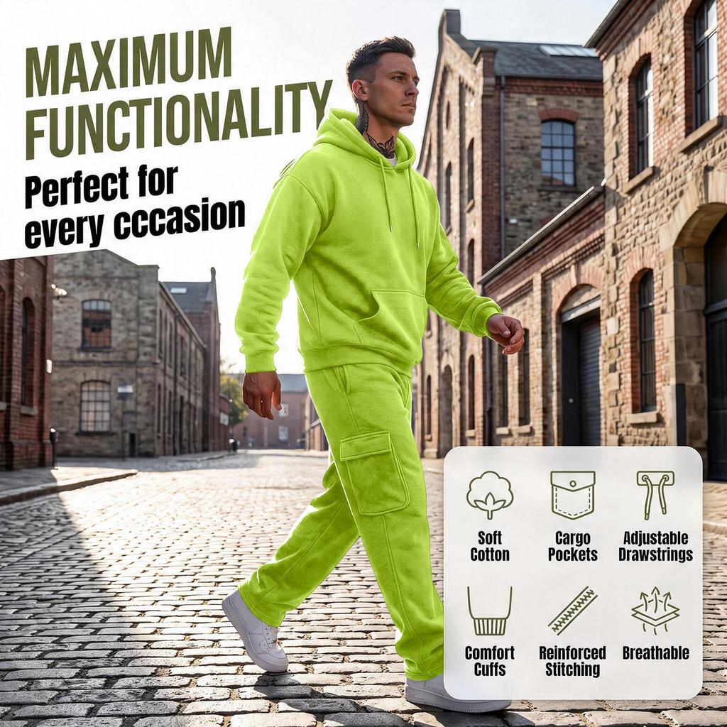 Men's 2-Piece Outfit Set, Hooded Sweatshirt and Cargo Straight Leg Pants, Casual Streetwear