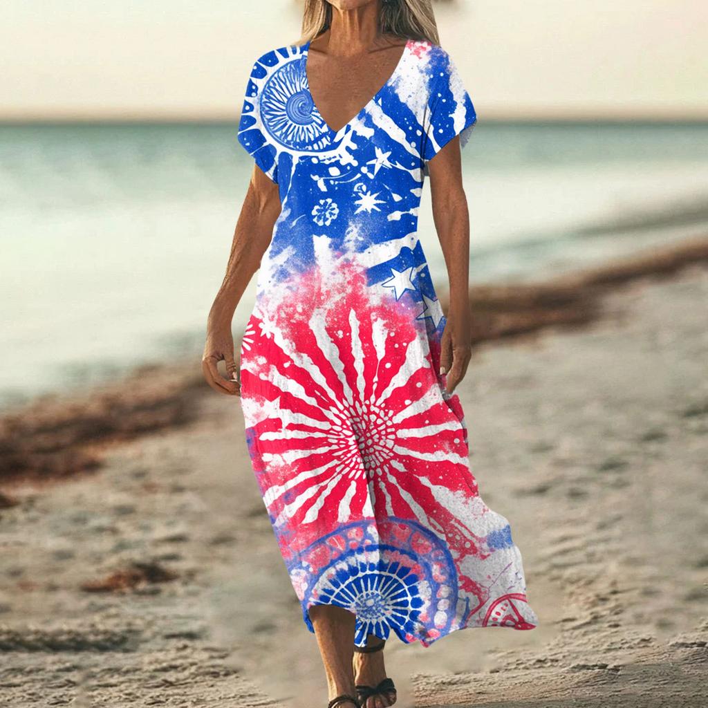 Women’s V Neck Short Sleeve Maxi Dress with Abstract Tie Dye Print Loose Fit Summer Beachwear for Casual Daily Wear