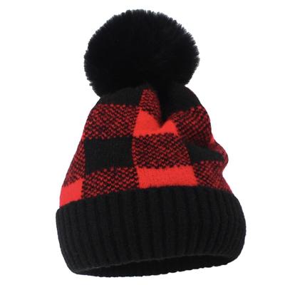 Gestrickte Karomuster-Mütze mit CP868 [Eine Einschränkung] Bommel, Acryl, Lässig, Damen (rot)