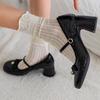 Fashion Bow Mary Janes Shoes Women Sandals Beaded High Heels Elegant 2025 New Brand Leather Chunky Dress Lolita Party Pumps High-quality