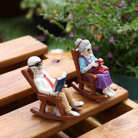 Yousheng 2 Pcs Halloween Rocking Chair Skeleton Elderly Statues Small Reading Knitting Skeleton Figurine Resin Craft for Courtyard Lawn Porch Decor