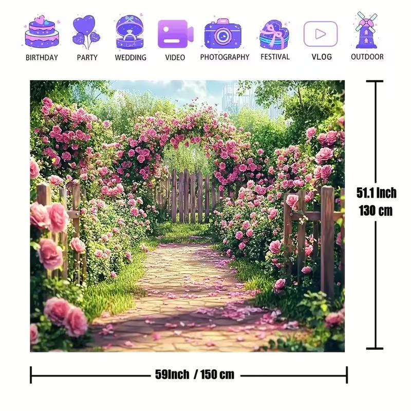 2D Pink Rose Garden Path Photography Backdrop Floral Fence Background