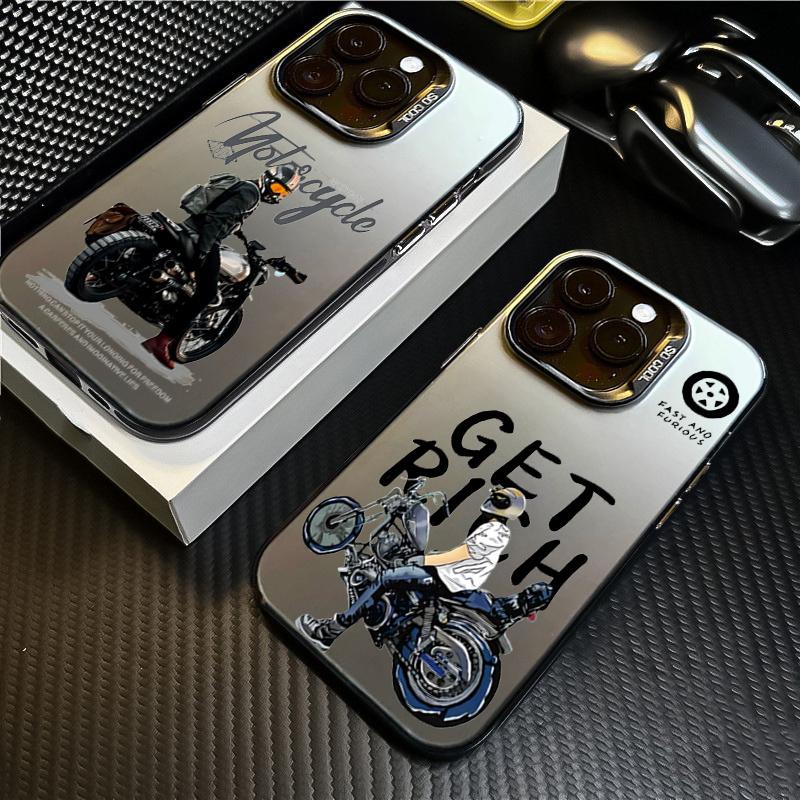 Case For iPhone 14 Motorcycle Pattern Laser Phone Case For iPhone 15 13 12 11 Pro Max X XR XS 7 8 Plus Plating Matte Back Cover