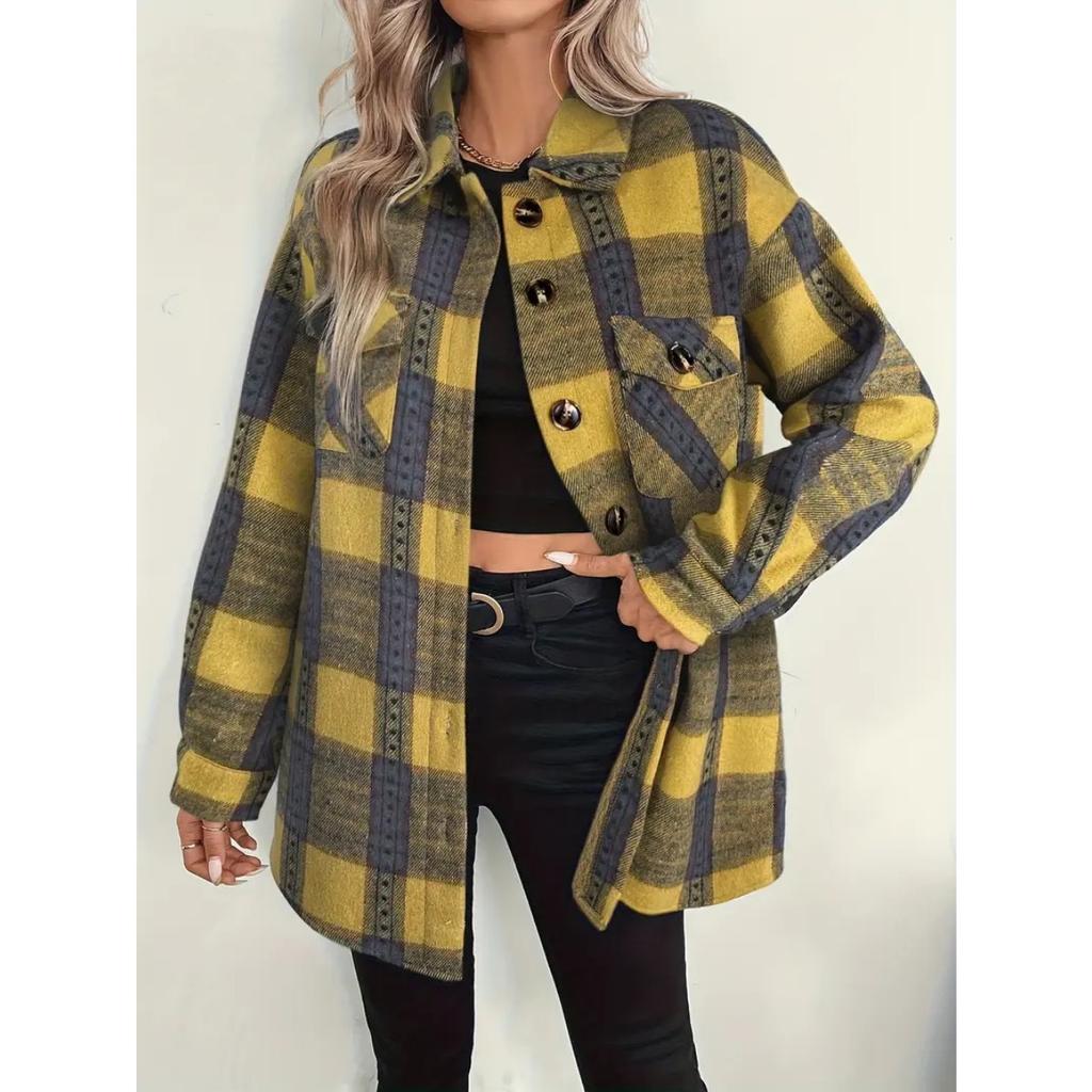 Autumn Winter Fleece Lined Women Plaid Lapel Jacket Casual Loose Long Sleeve Shirt Coat Commute Outwear