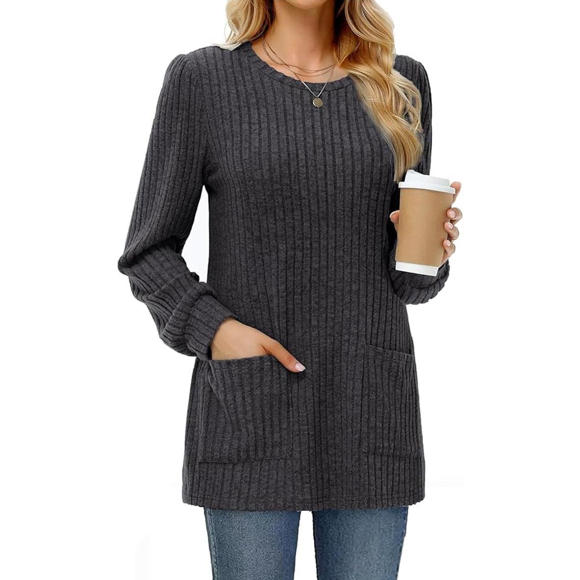 Women s Round Neck Long Sleeve Loose Casual Solid Rib Knit Pocket Tunic Top Sweater S чёрный