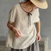 Women's Summer New Cotton Linen T-shirt Short-sleeved Retro Ethnic Style Lace-up Age-reducing Loose Versatile Top