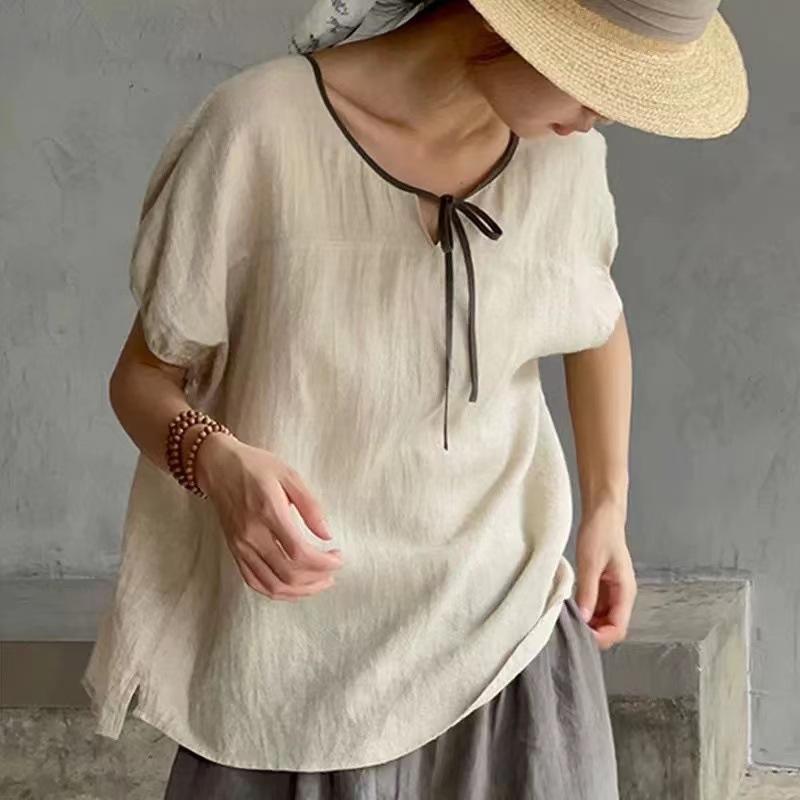 Damen Sommer Neues Baumwollleinen T-Shirt Kurzarm Retro Ethno-Stil Schnürung Altersreduzierend Locker Vielseitiges Oberteil