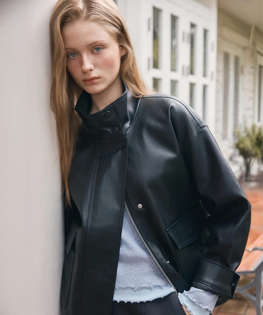 ROEM High-Neck Oversized Faux Leather Jacket Rmjkg49R11