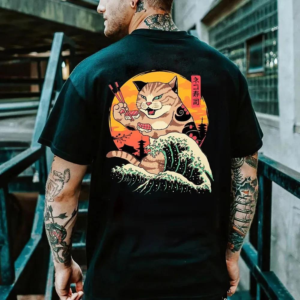 Summer 100% cotton cartoon anime Day clothing Samurai Cat Print T-shirt Men's Hip Hop retro casual o collar loose T-shirt