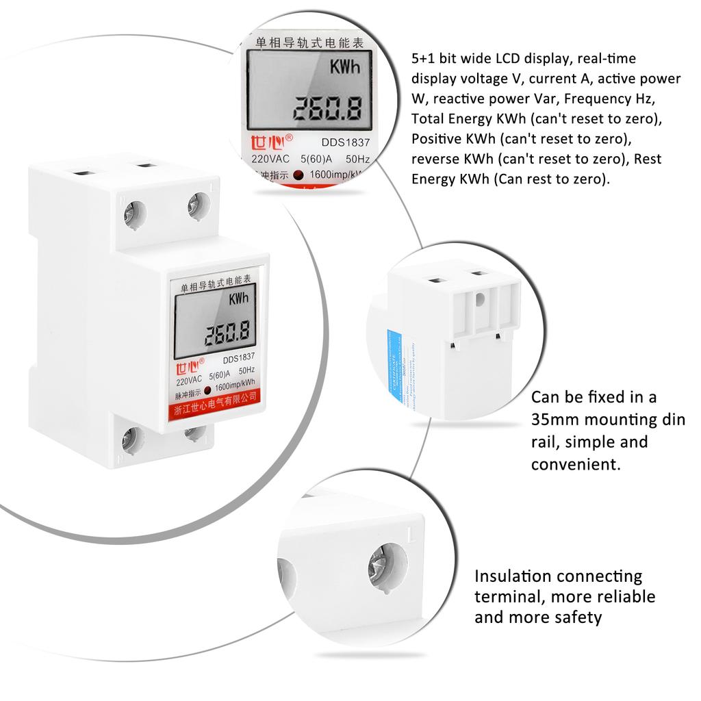 DDS LDG Single Phase Energy Meter, 220V 50Hz LCD Display with Real Time Voltage Current Power Monitoring, for Home Commercial Use