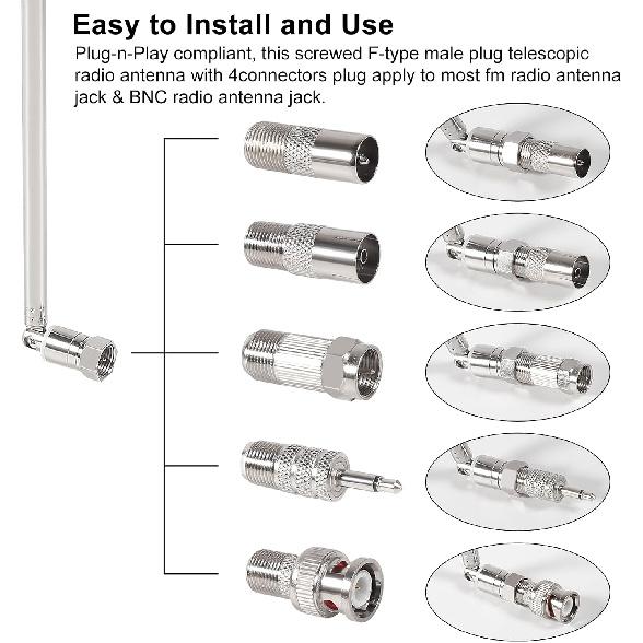 FM Telescopic Antenna 75 Ohm Indoor FM Radio Antenna F Type Male Plug Connector with 5pcs Converter for TV AM FM Radio Stereo Receiver