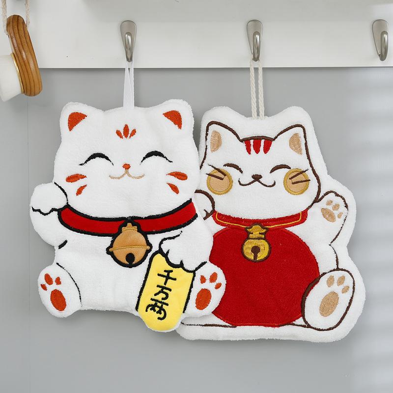 Coral fleece new lucky cat hand towel soft and absorbent cute embroidery can hang rag quick dry hand towel