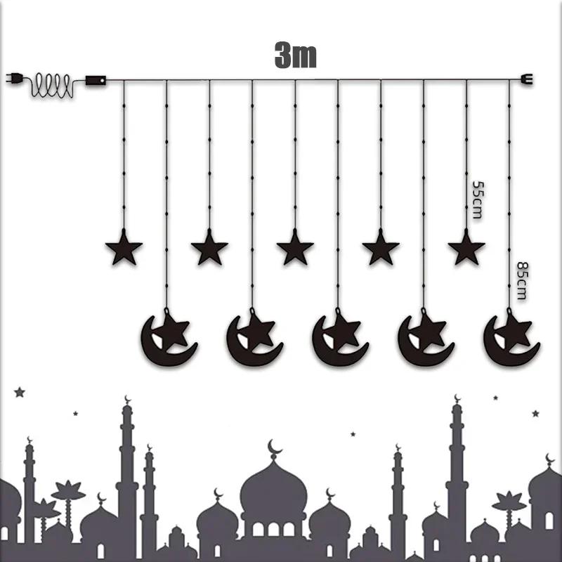 Ramadan String Lights LED Curtain with Moon Castle for Eid Mubarak Celebration Islamic Festive Window Decor Home Atmosphere