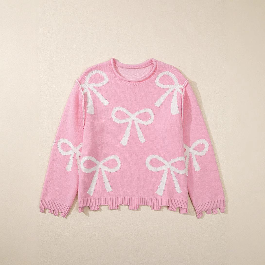 

Европейский и американский бант Модный вязаный свитер - Весенний, осенний и зимний свободный пуловер для женщин XL розовый