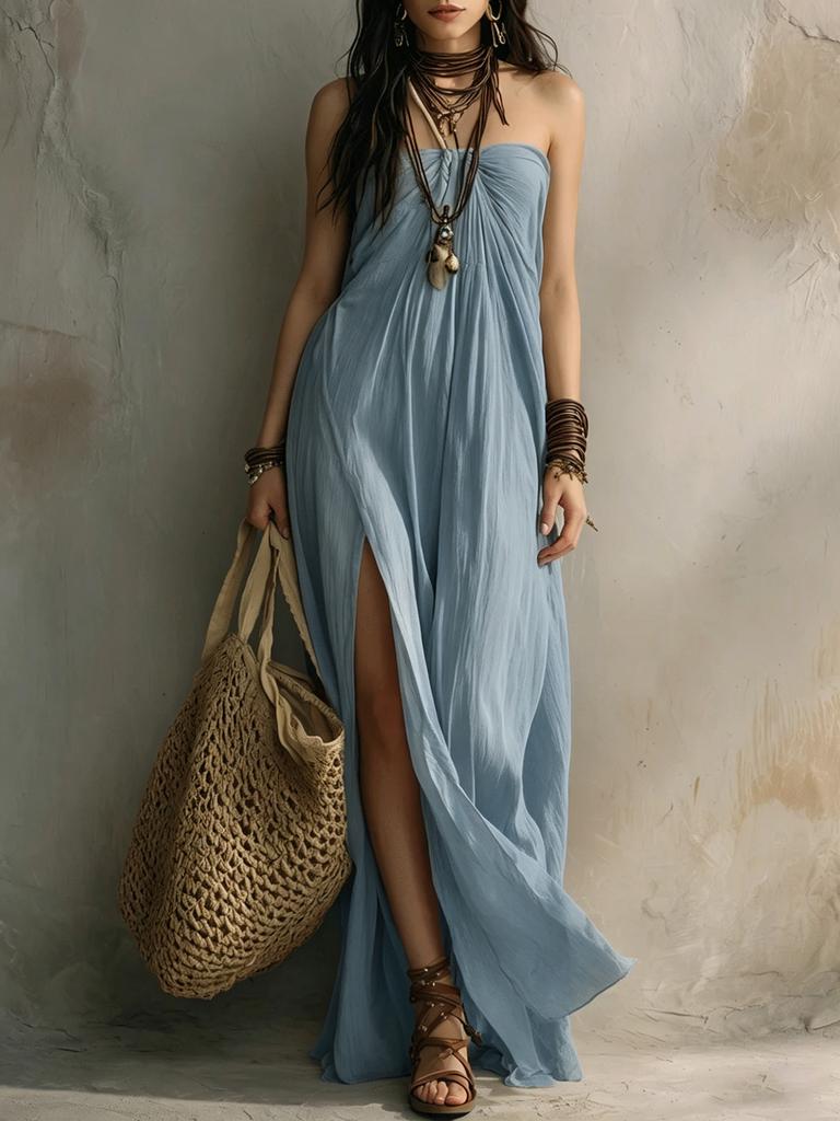 Vestido Maxi Boho Feminino Tomara-que-caia Tubinho Fenda Solto Casual Férias Longo de Praia