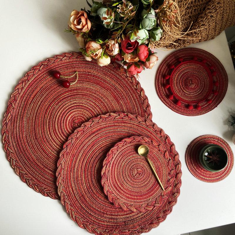 Christmas imitation cotton yarn placemat ins braided thermal insulation mat semi-handmade round coaster ramie mat