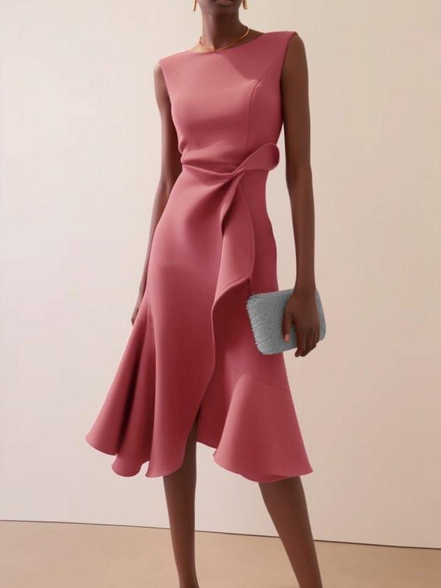 Elegant Red Sleeveless Dress With Ruched Polyester Fabric For Business And Party Wear