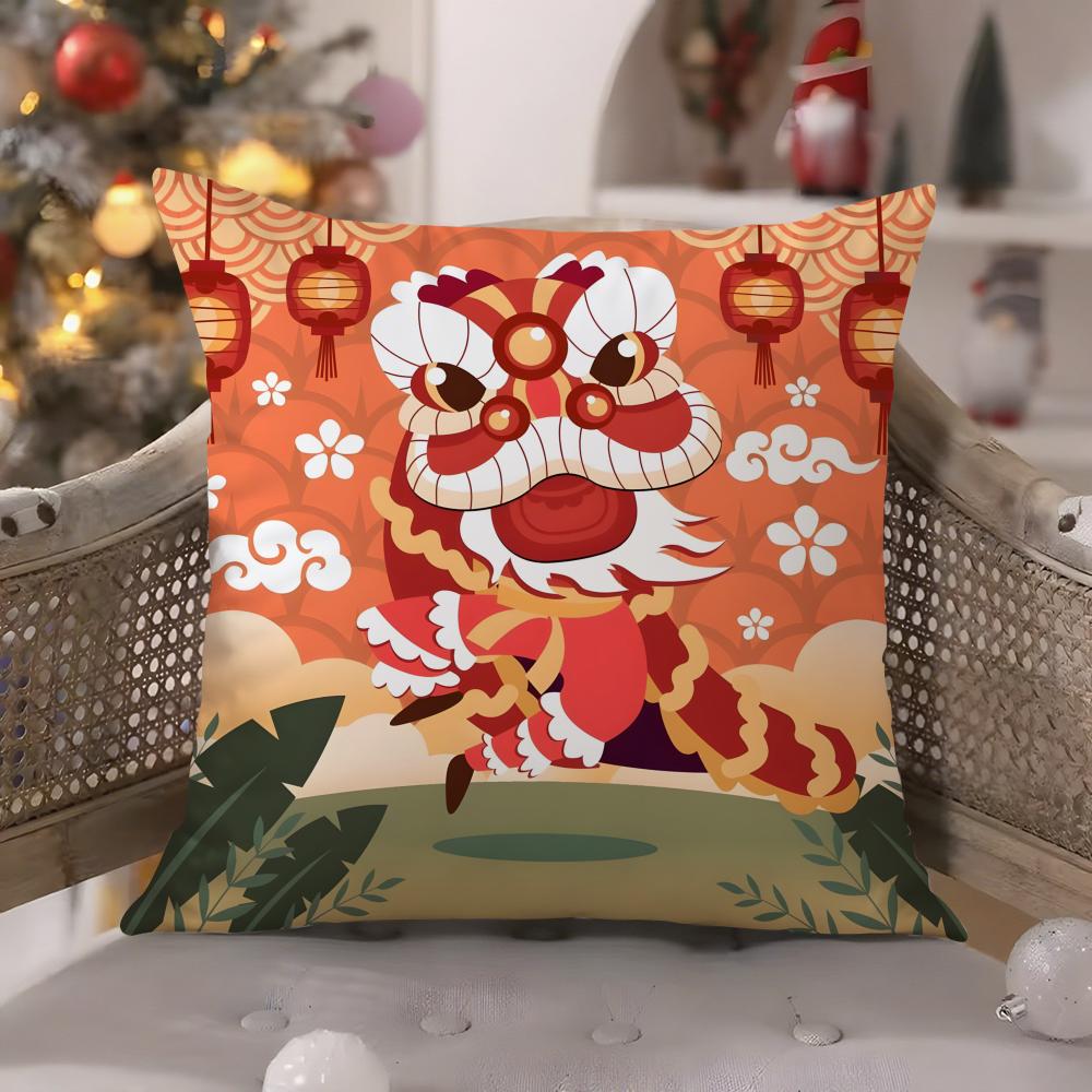 Chinatown Festive Lion Print Pattern Pillow Case Comfort Sofa Bed Silky Elegant Invisible Zipper Decorative Cushion Cover