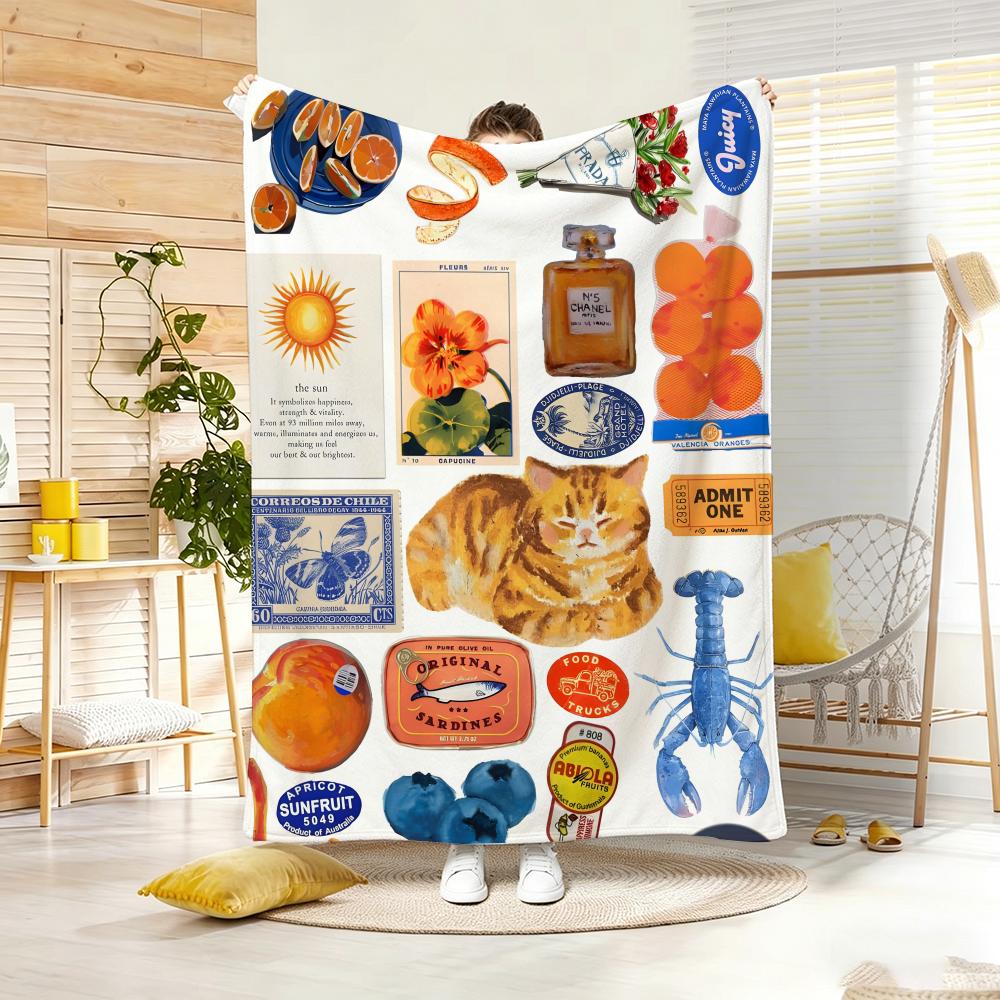 Retro Sticker Collage Throw Lightweight Flannel Blanket Soft Skin-Friendly For Summer Cooling