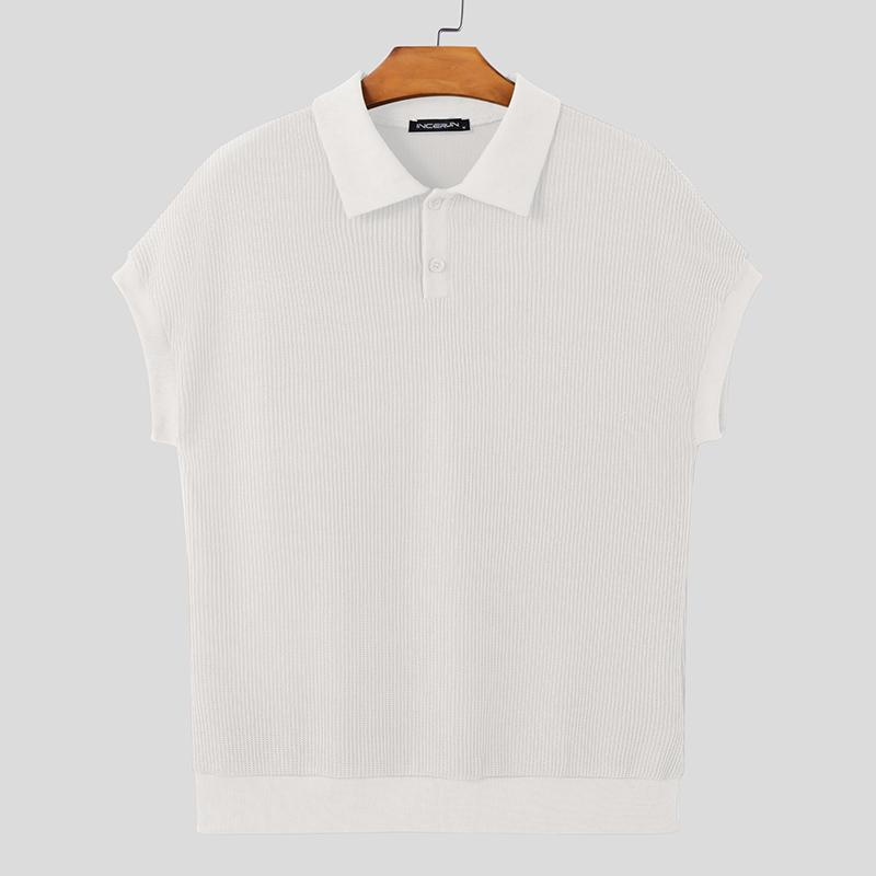 

INCERUNMen Lapel Neck Solid Color Stitching Texture Casual T-shirt Tops S белый