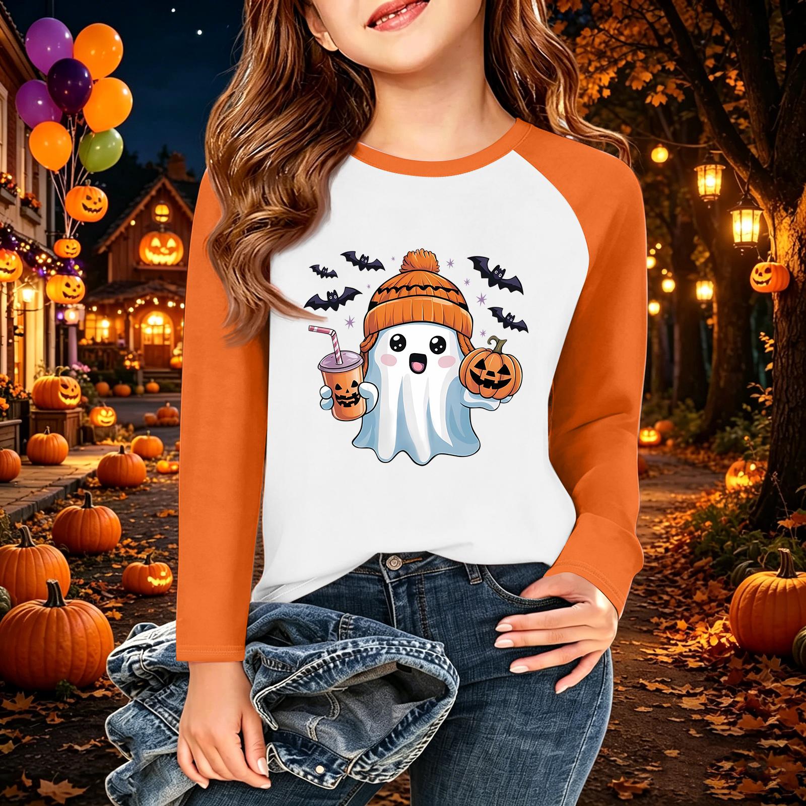Kids Halloween Printed Long Sleeve T-Shirt, Casual Round Neck Top for Daily Wear and Party 110