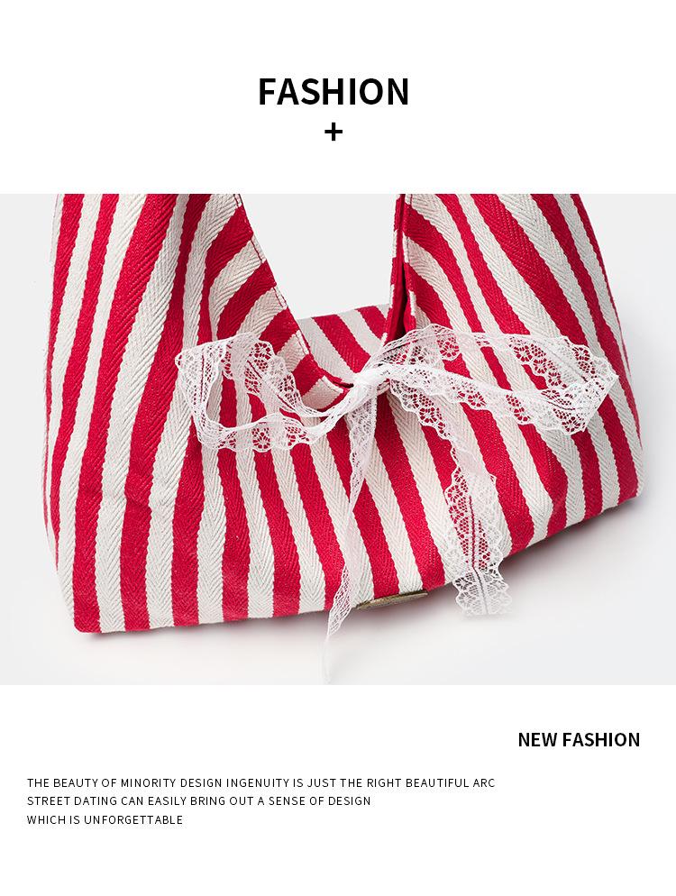 Reversible Striped Canvas Tote Bag - Korean Style, Large Capacity, Fashionable and Versatile for Everyday Use