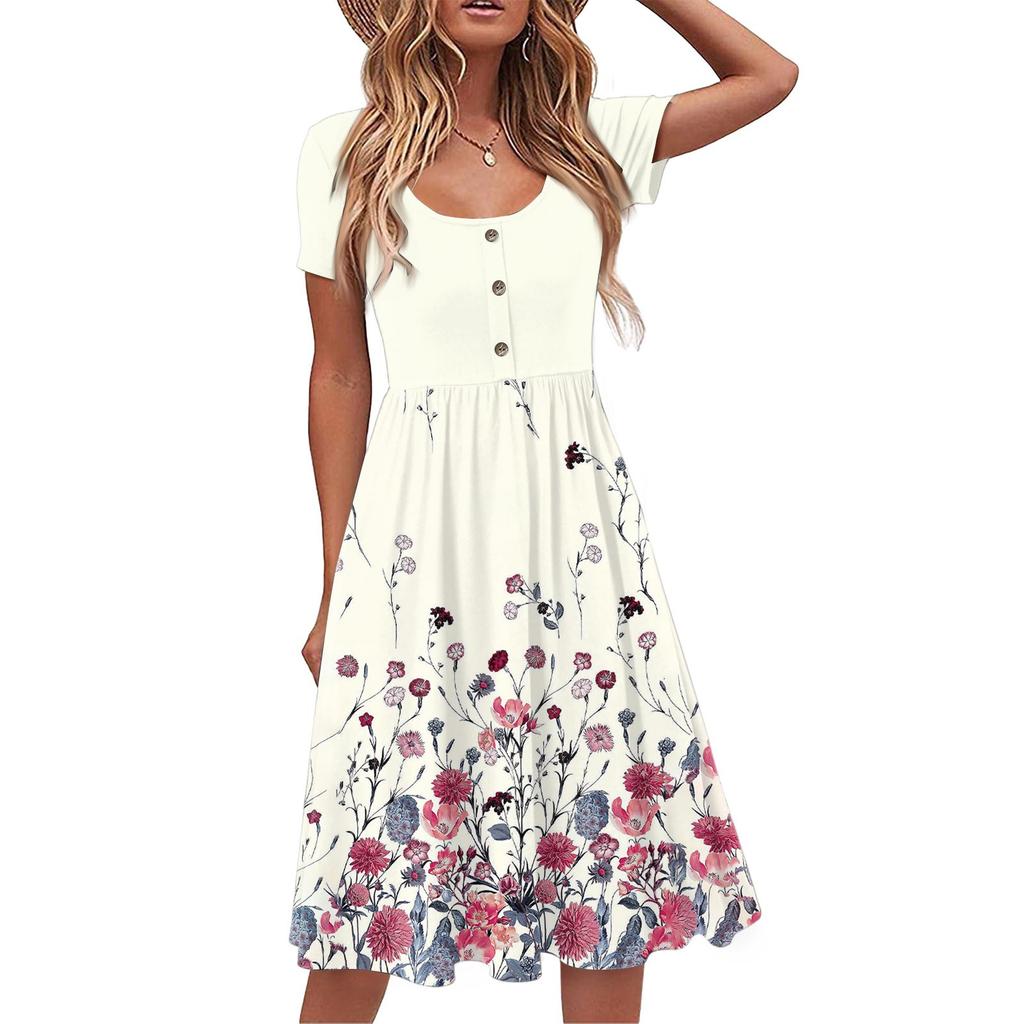 Fashion Women Summer Vintage Floral Dress Elegant Short Sleeve Midi Dress