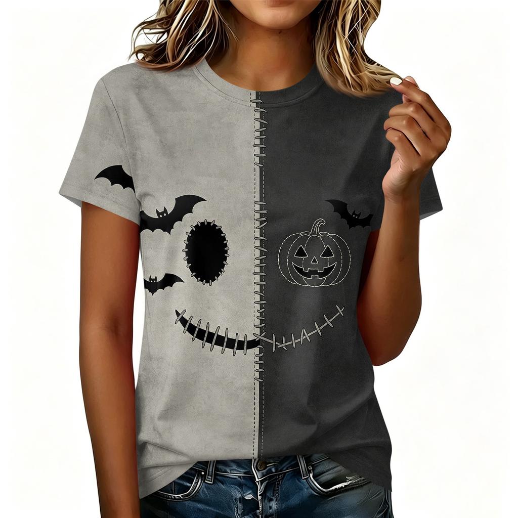 Women Casual Short Sleeve Pullover T Shirt Halloween Print Top Crew Neck Stitch Design Lightweight Soft Fabric Relaxed Fit