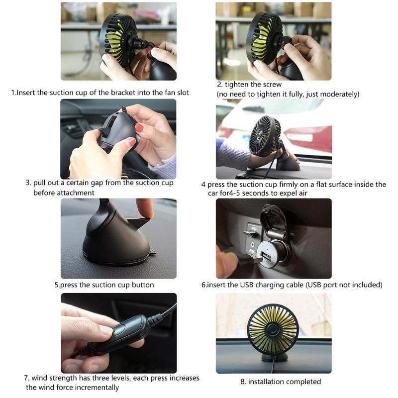 Car USB Clip Fan with 360 Degree Rotation & Strong ABS Suction Cup Portable Auto Suction Cup Fan for Vehicle Cooling