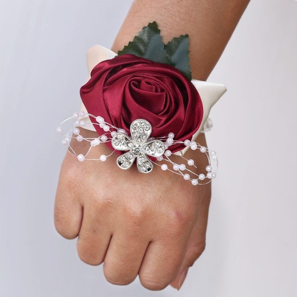 2pcs Diamond Rose Wrist Corsage Pearl Rhinestone Bridal Wrist Flower For Wedding
