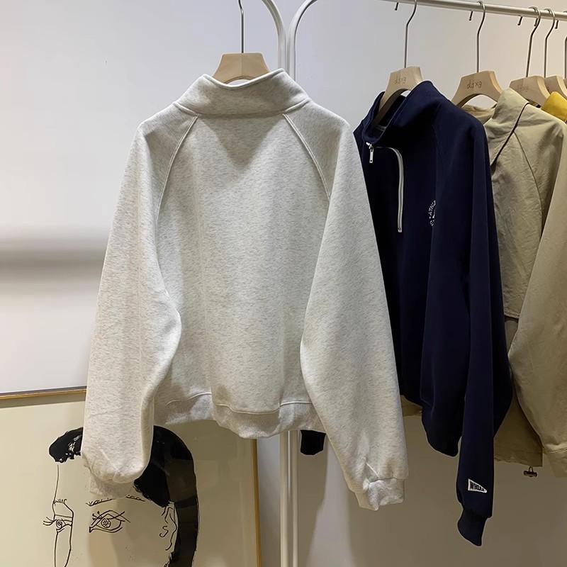 Womens POLO Collar Hoodie Loose Fit Lightweight Korean Style Embroidered Half-Zip Cotton Sweatshirt