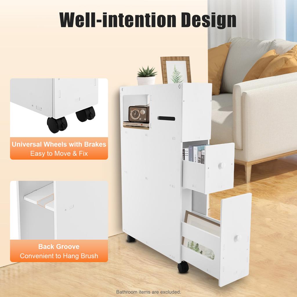 Space-Saving Over-Toilet Cabinet with Wheels & Brakes, Tall Bathroom Storage Organizer with Drawers for Small Bathroom