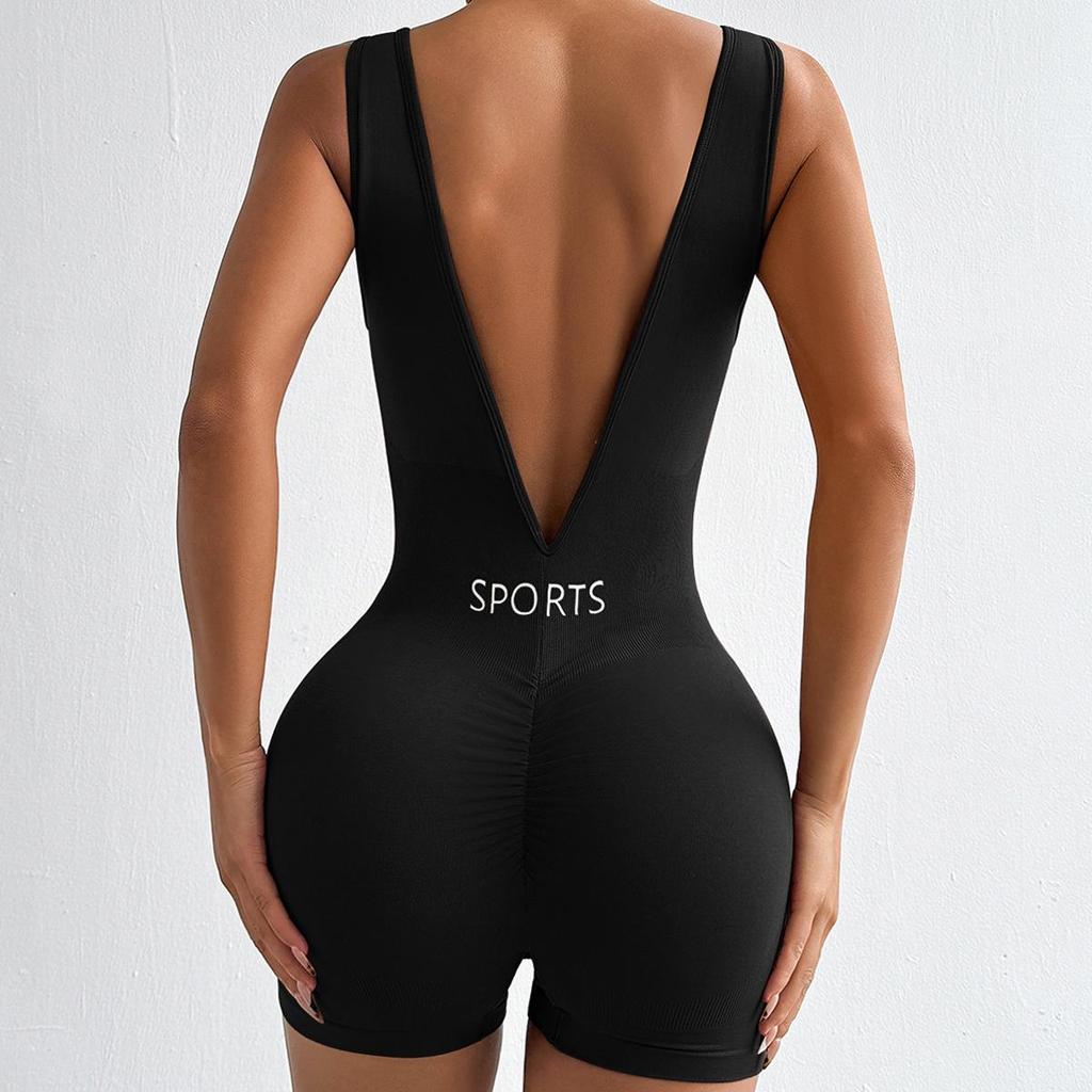 Seamless Deep V-Neck Yoga Bodysuit: Women's Nude-Tight Shaping Sportswear with Beautiful Back Design