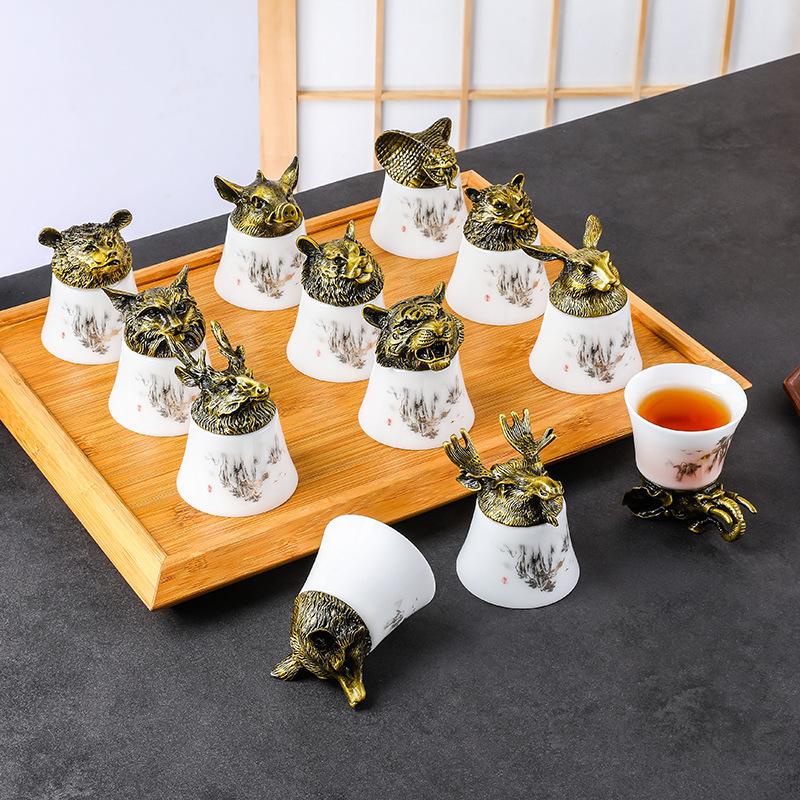 

Direct Sales Twelve Zodiac Wine Glasses Baijiu Cup Spirits Cup One Cup Light Luxury Ceramic Wine Dispenser Gift Box Set