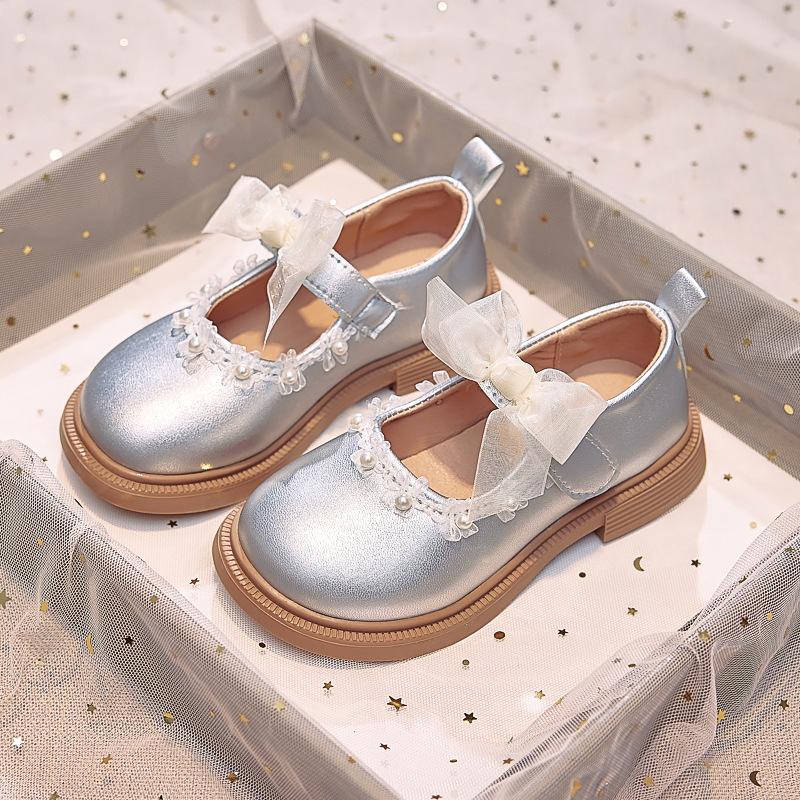 Girls leather shoes bow pearl princess shoes 2025 autumn new children's single shoes soft sole girls performance shoes