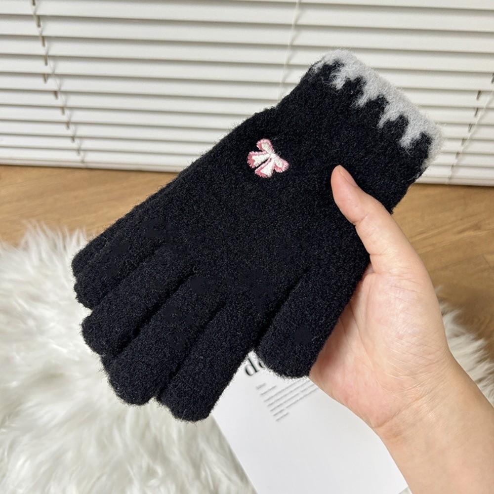 Plush Warm Full Finger Gloves Bow Embroidered Winter Knitted Gloves  Cold Weather Activities