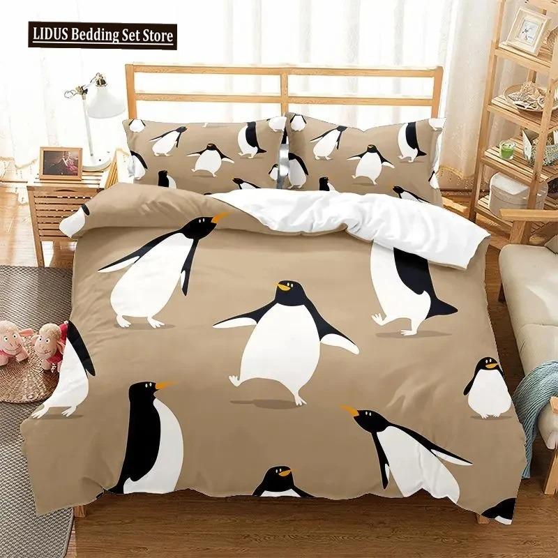 Cartoon Penguin Duvet Cover Set For Boys Girl Animated Antarctic Animal Polyester Quilt Cover White Black King Queen Size