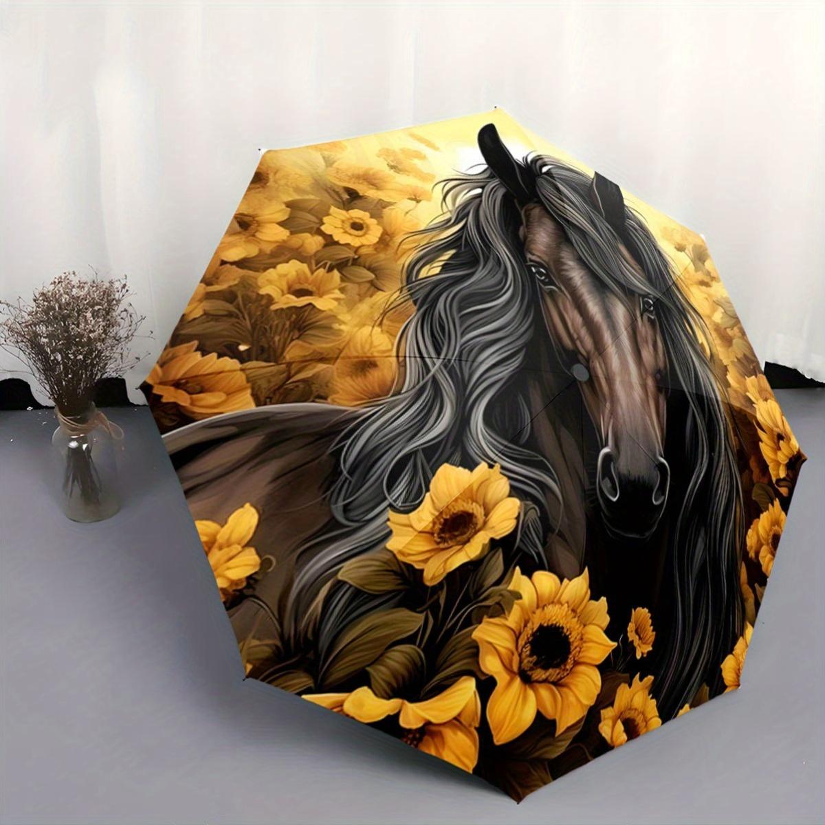 

Automatic Folding Umbrella with Horse & Sunflower Design - Portable Collapsible 8-Rib Umbrella for All Seasons, Stylish Outdoo Iron&8K