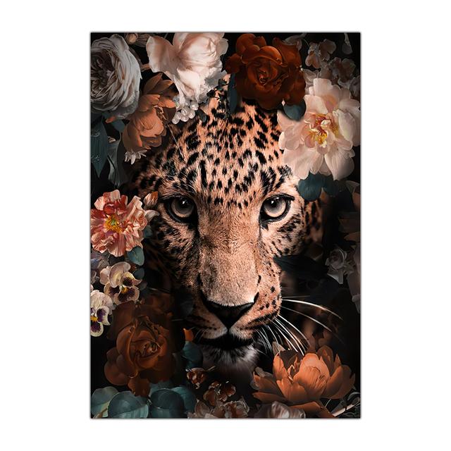 Flower with Animal Lion Tiger Deer Leopard Canvas Painting Wall Art Picture Nordic Print Poster for Living Room Home Decor No Frame