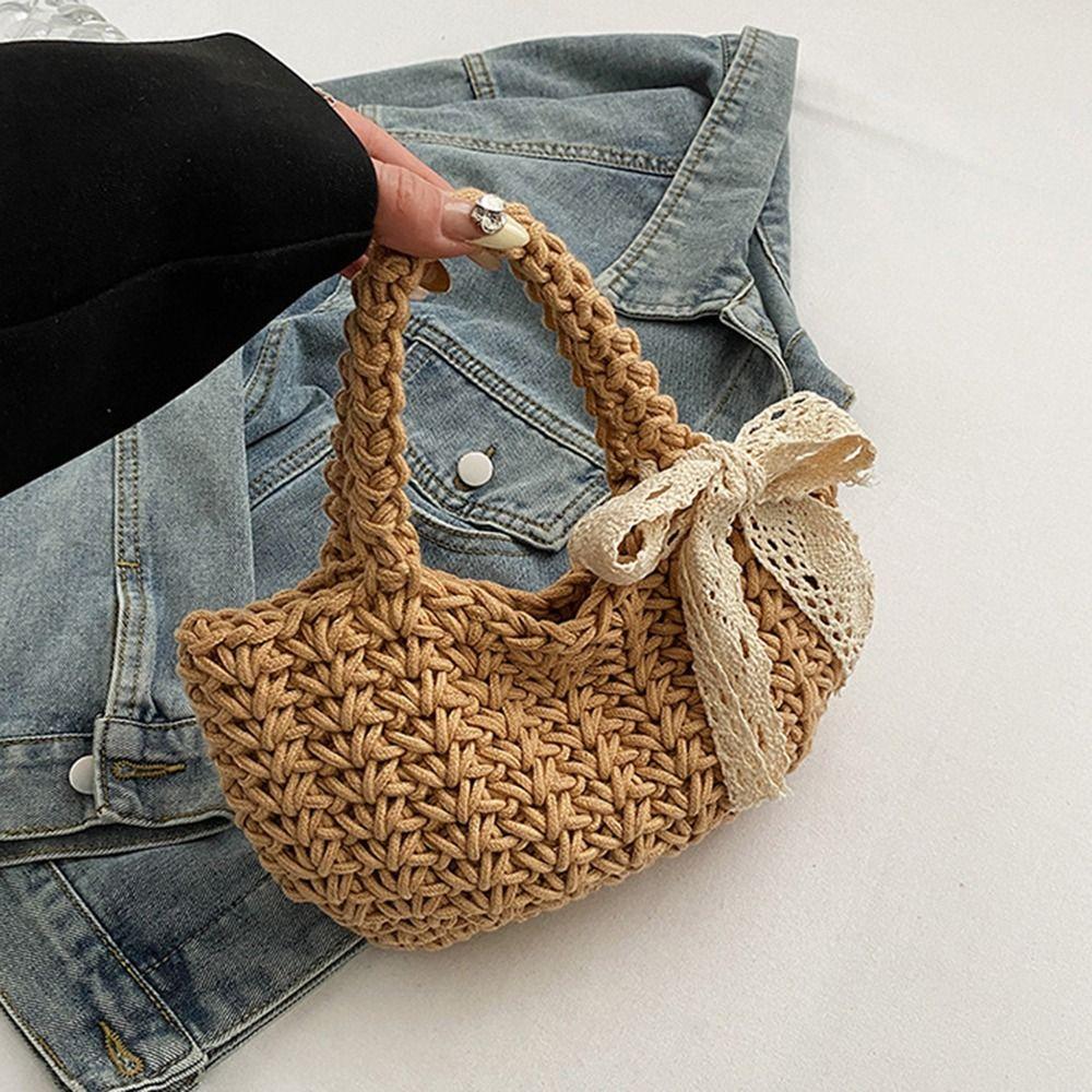 Lace Bowknot Beach Straw Bag Large Capacity Bucket Bag Trendy Braided Underarm Bag  Travel